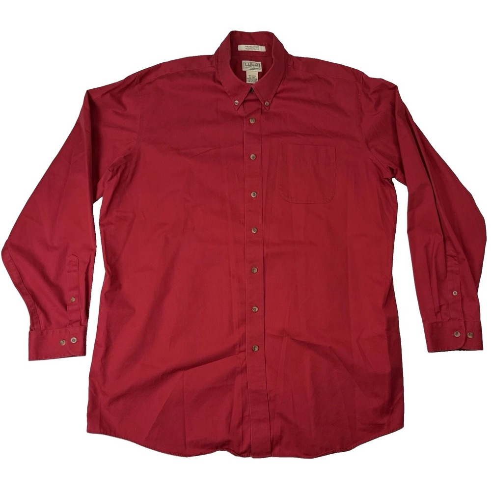 Vintage LL Bean Shirt Mens XLT Red Button Up Long Sleeve Wrinkle Free Pocket